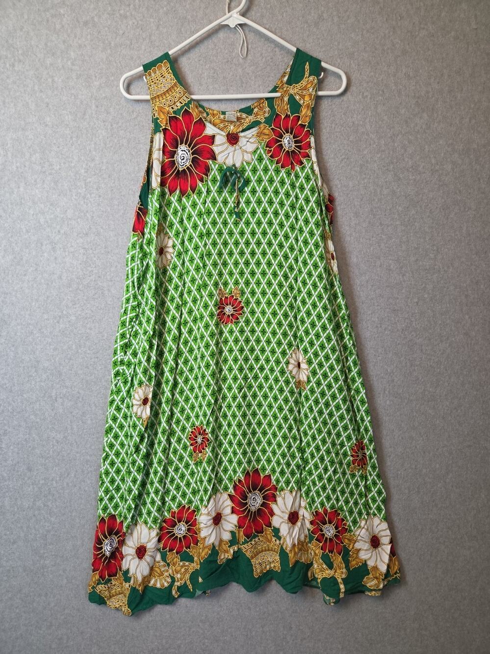Vintage Lilia's Cotton Green Floral Sleeveless Hawaiian Shift Dress Women's XL